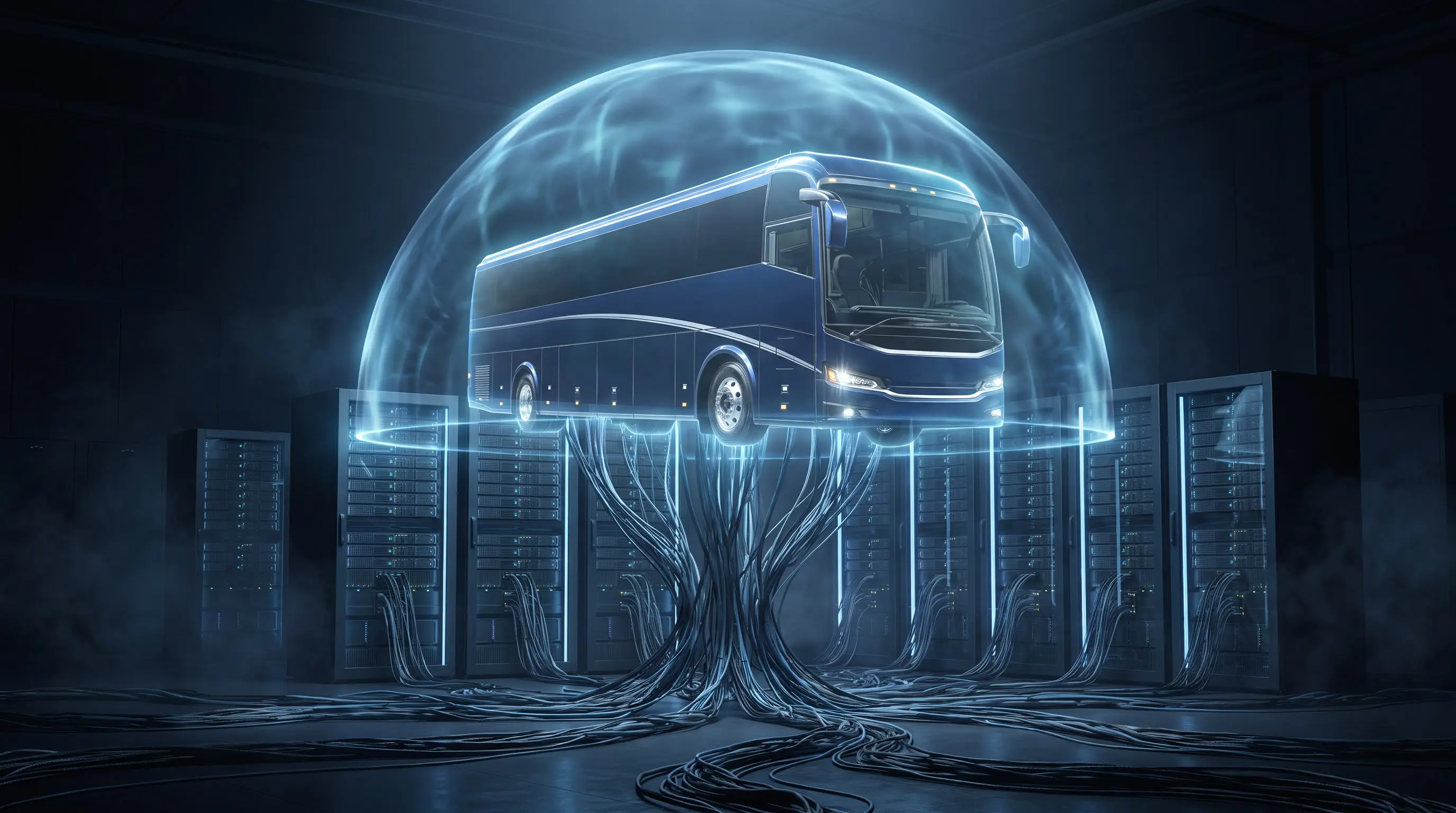 A holographic motorcoach protected inside a dome of light above private GPU servers