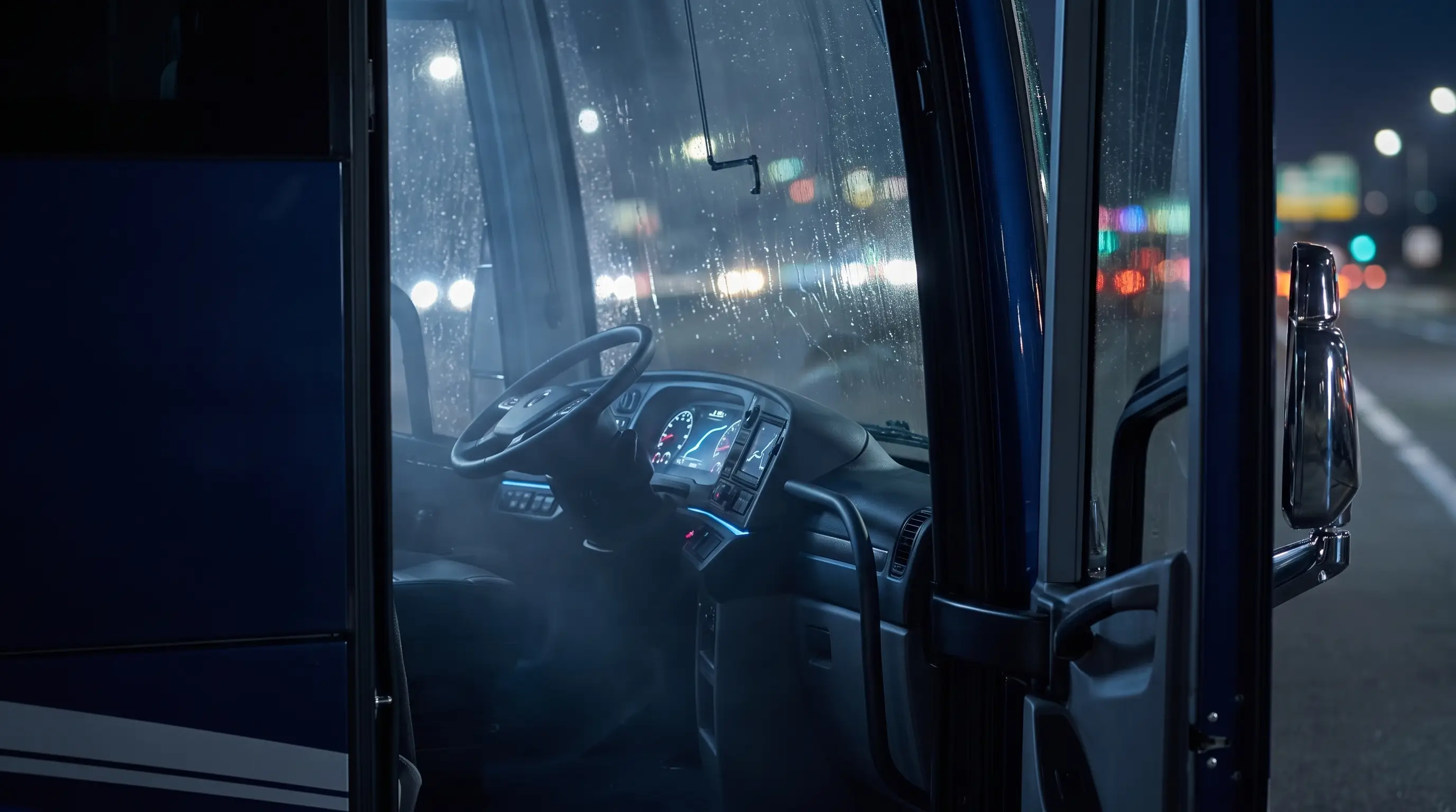 Motorcoach driver cockpit at night with a glowing telematics display