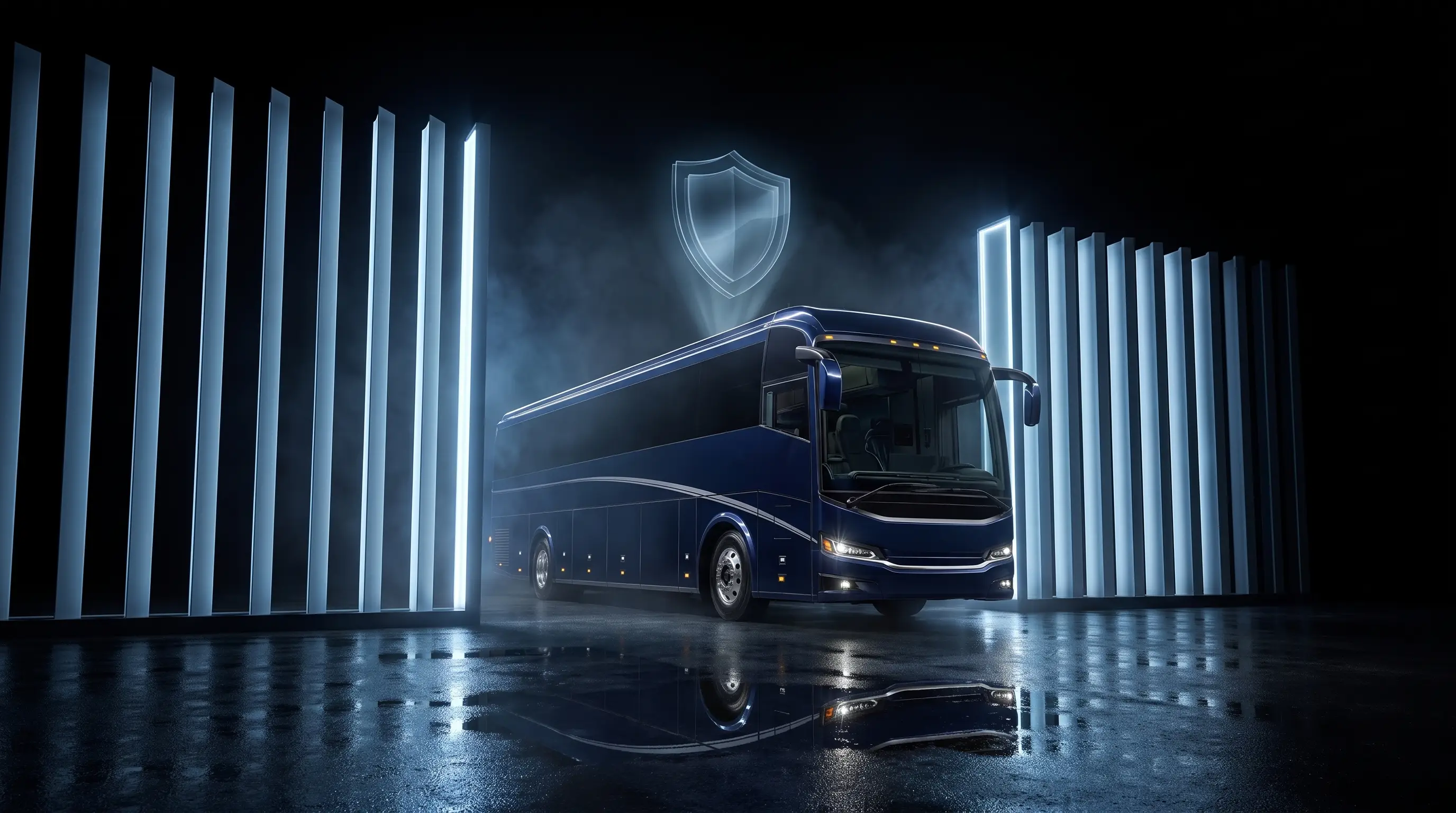 A motorcoach passing through a gate of light with a shield emblem overhead