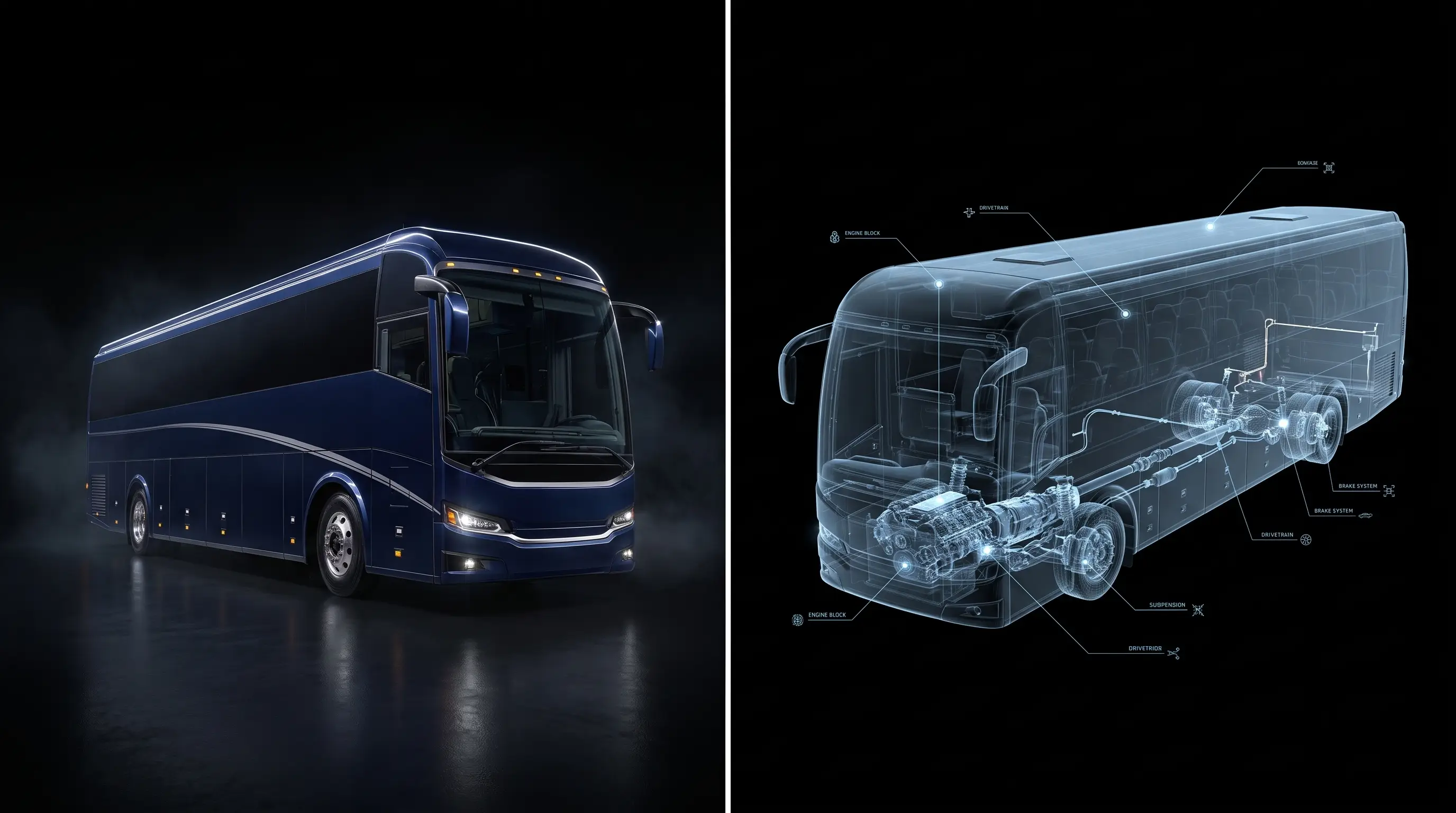 Holographic digital twin of a luxury motorcoach, translucent shell revealing glowing internal systems