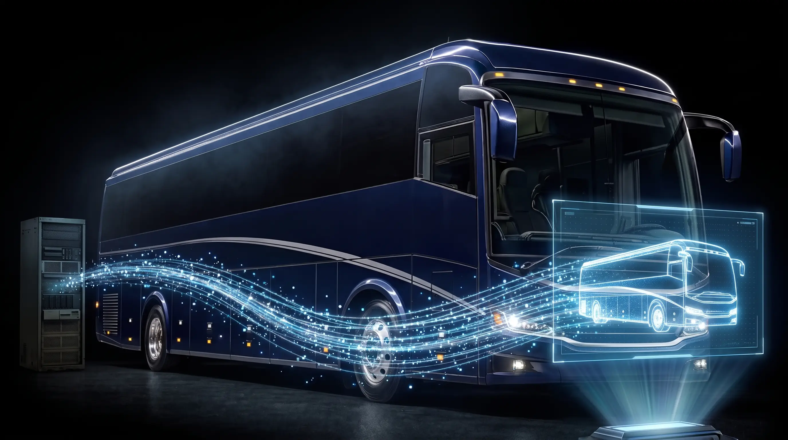 A stream of data particles transferring a coach fleet into a modern platform