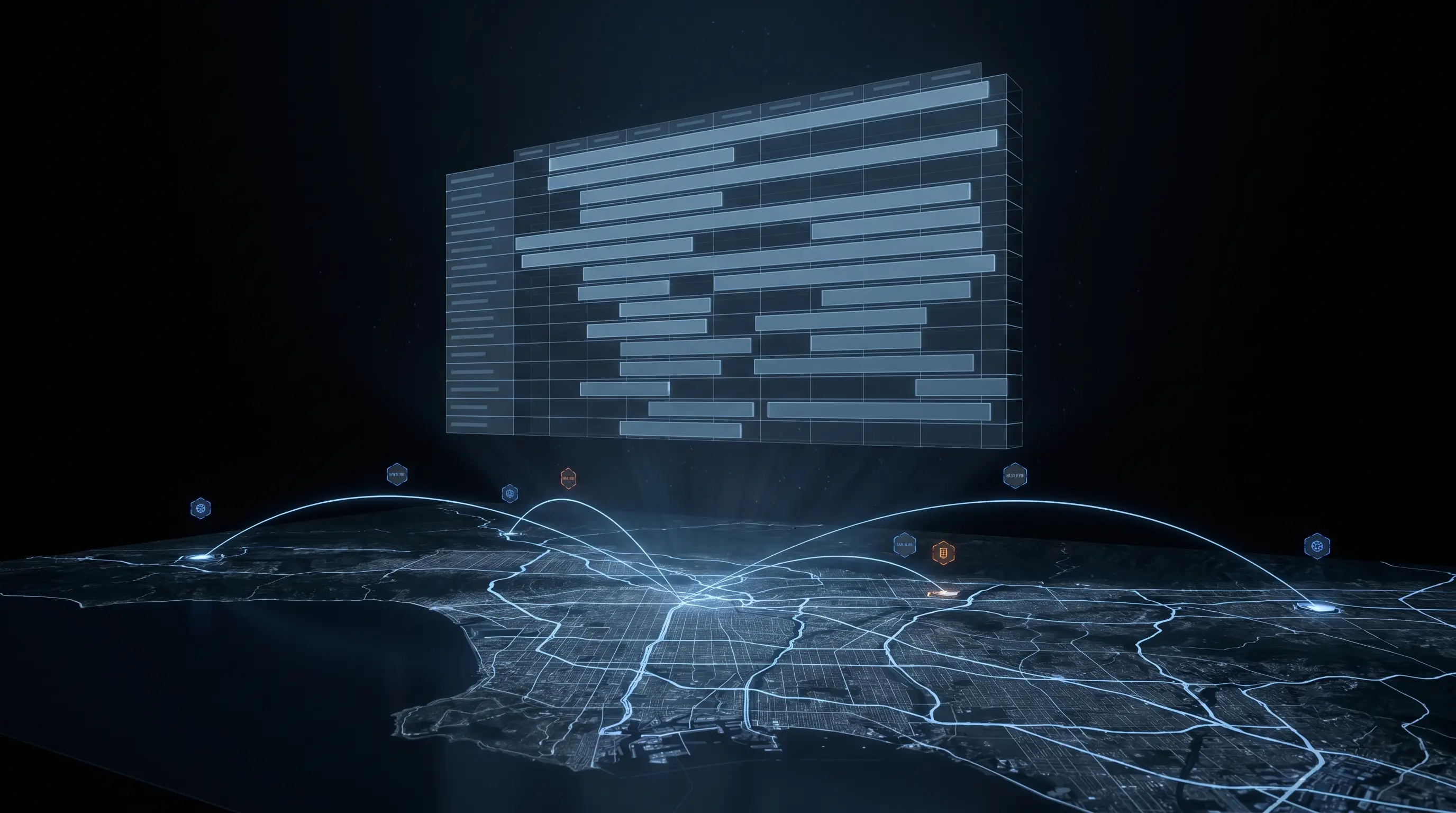 Holographic dispatch schedule grid above a glowing night road network