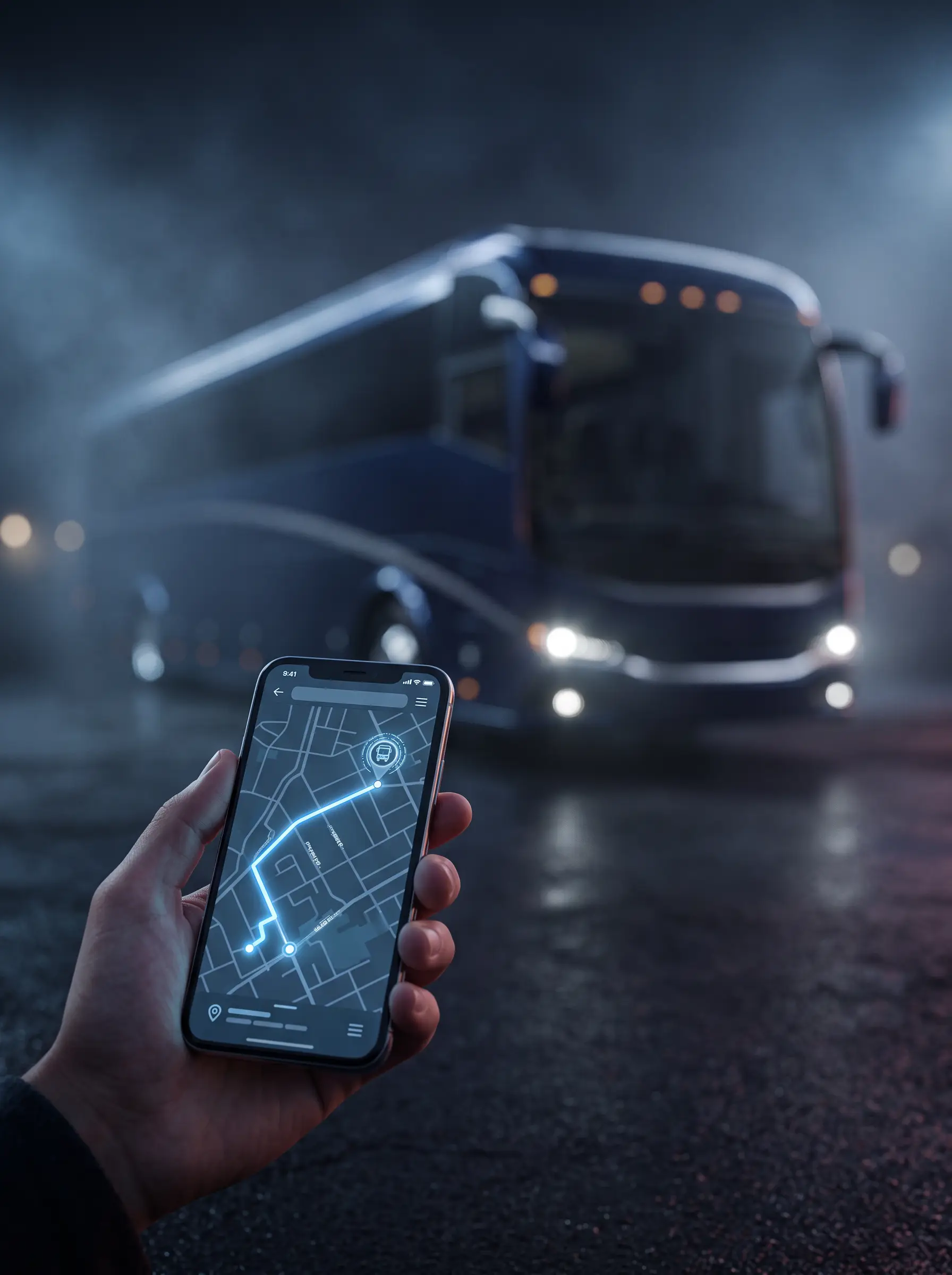 A hand holding a phone showing a live bus tracking map, coach arriving in the background